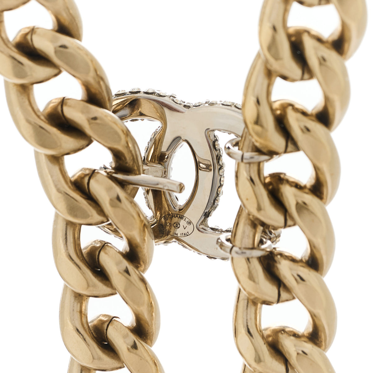 Chanel Chain Link Crystal CC Dog Tag Charm Necklace Gold 4 of 5