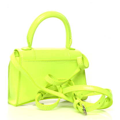 Balenciaga Semi Shiny Calfskin Crocodile Embossed Hourglass Top Handle Bag Mini Fluo Yellow 2 of 8