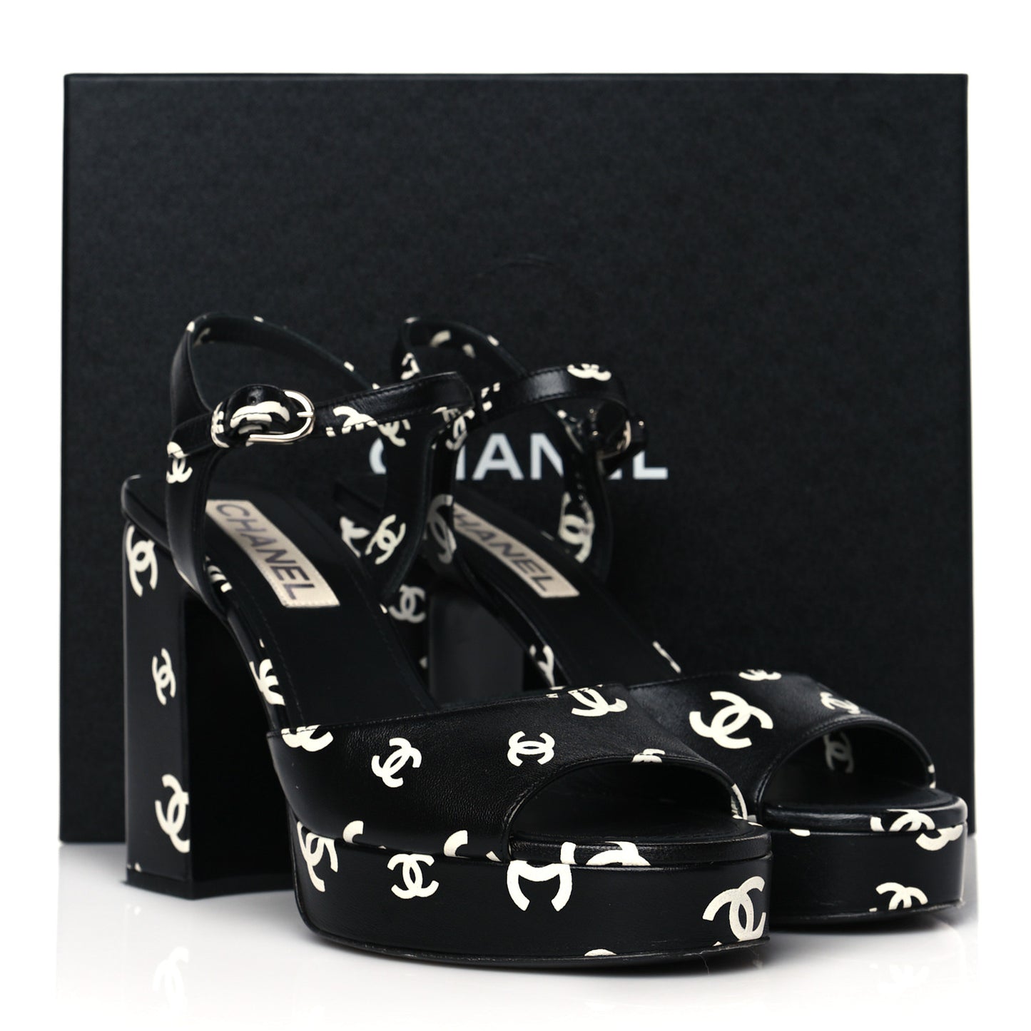 Printed Lambskin CC Platform Sandals 41 Black White