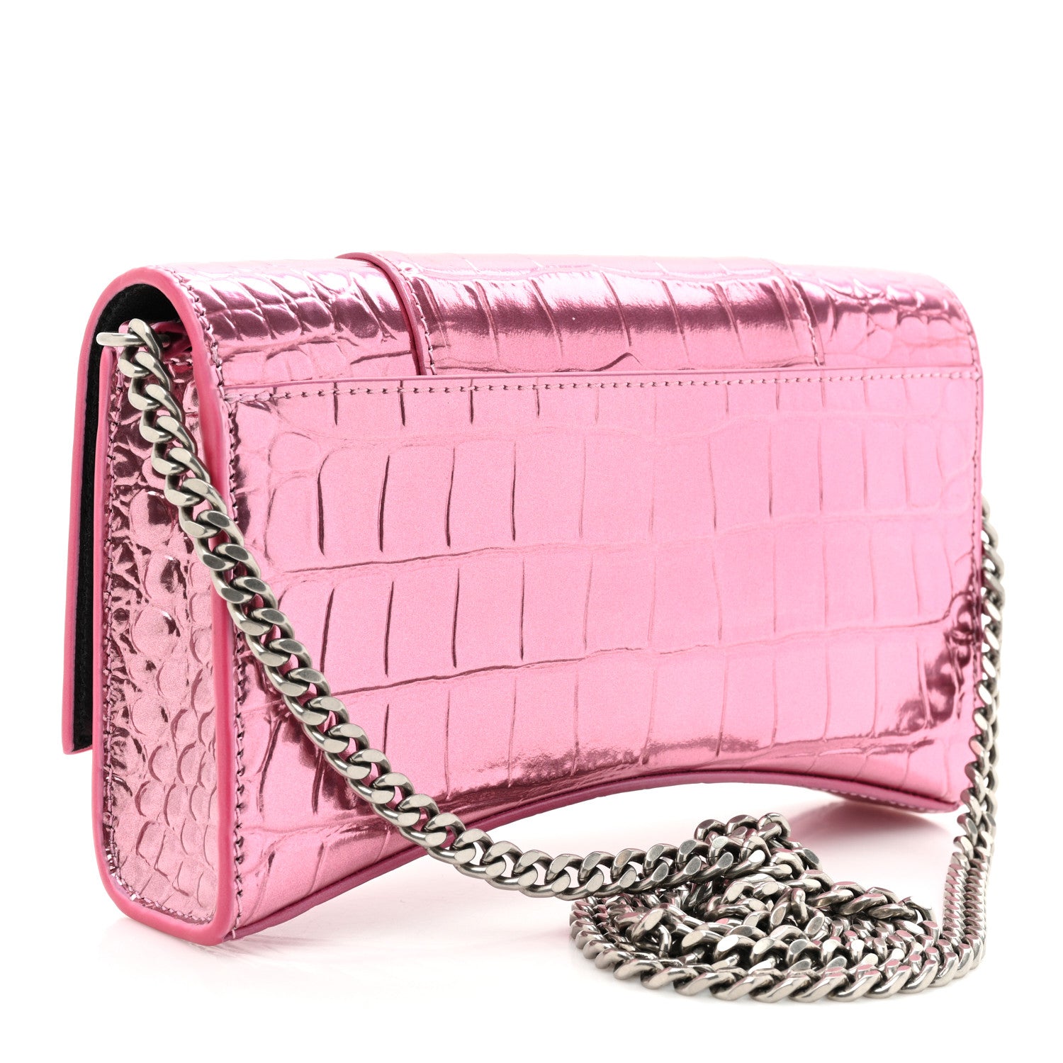 Balenciaga Metallic Shiny Calfskin Crocodile Embossed Hourglass Chain Bag Pink 3 of 14