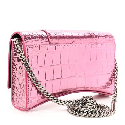 Balenciaga Metallic Shiny Calfskin Crocodile Embossed Hourglass Chain Bag Pink 3 of 14