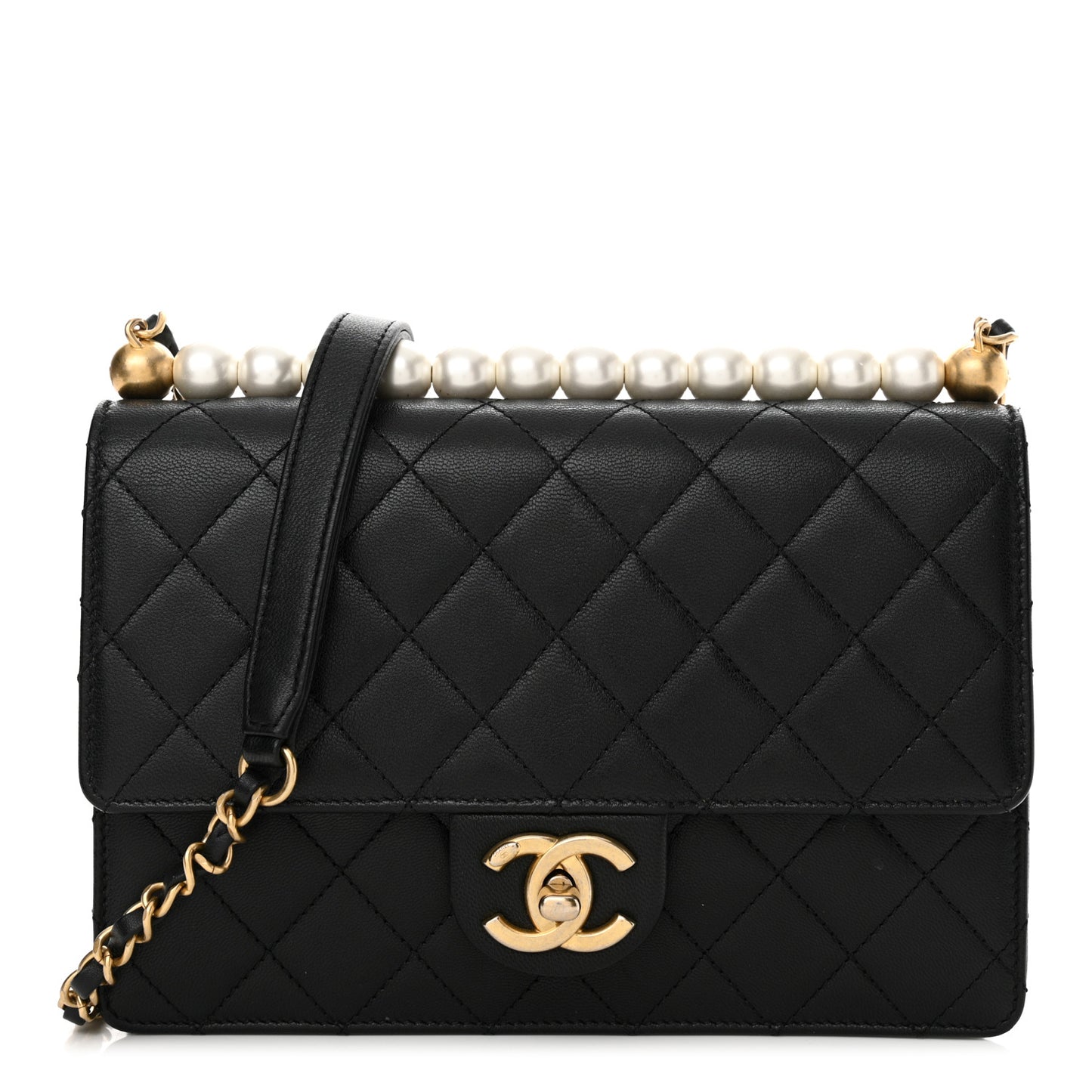Lambskin Quilted Small Chic Pearls Flap Black
