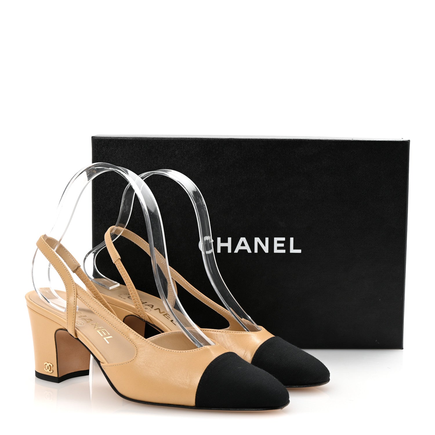 Chanel Goatskin Grosgrain Cap Toe CC Slingback Pumps 37.5 Beige Black 9 of 9