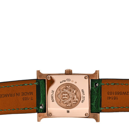 Hermes 18K Rose Gold Alligator Diamond Bezel 21mm Heure H Hour Quartz Watch Vert Moyen 4 of 5