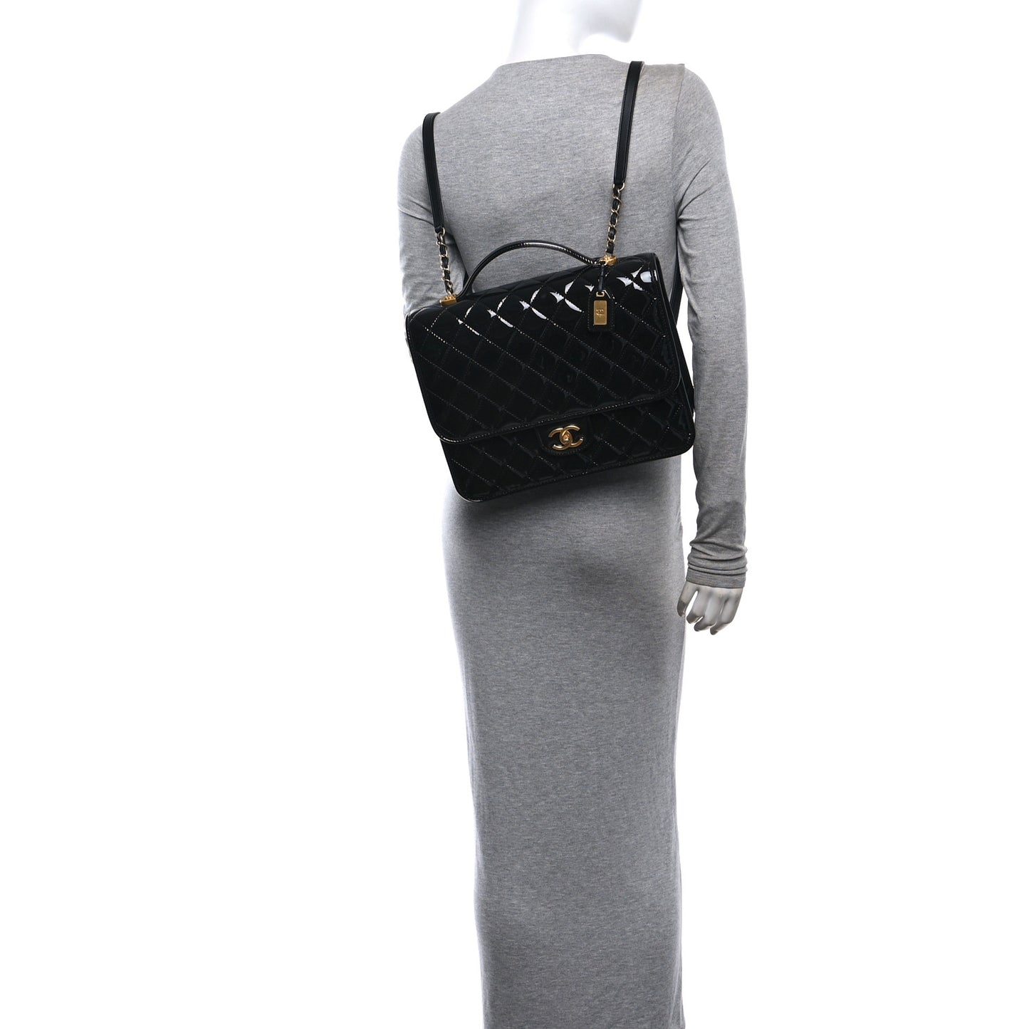 Patent Quilted Large School Memory Top Handle Flap Black Black