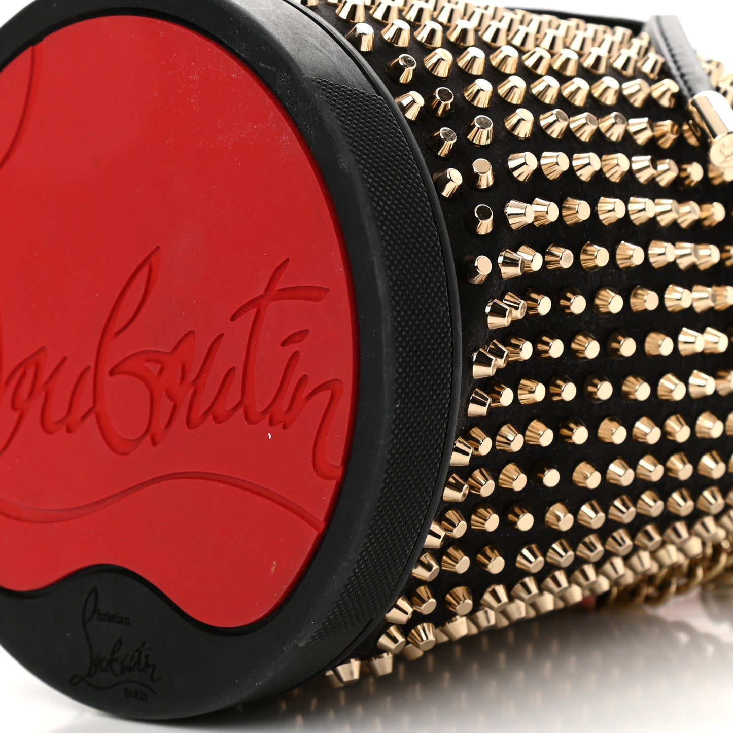 Silk Satin Calfskin Marie Jane Loubirun Studded Bucket Black Gold Platine