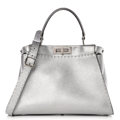 Fendi Cuoio Romano Lux Selleria Medium Peekaboo Iconic Satchel Argento 1 of 7