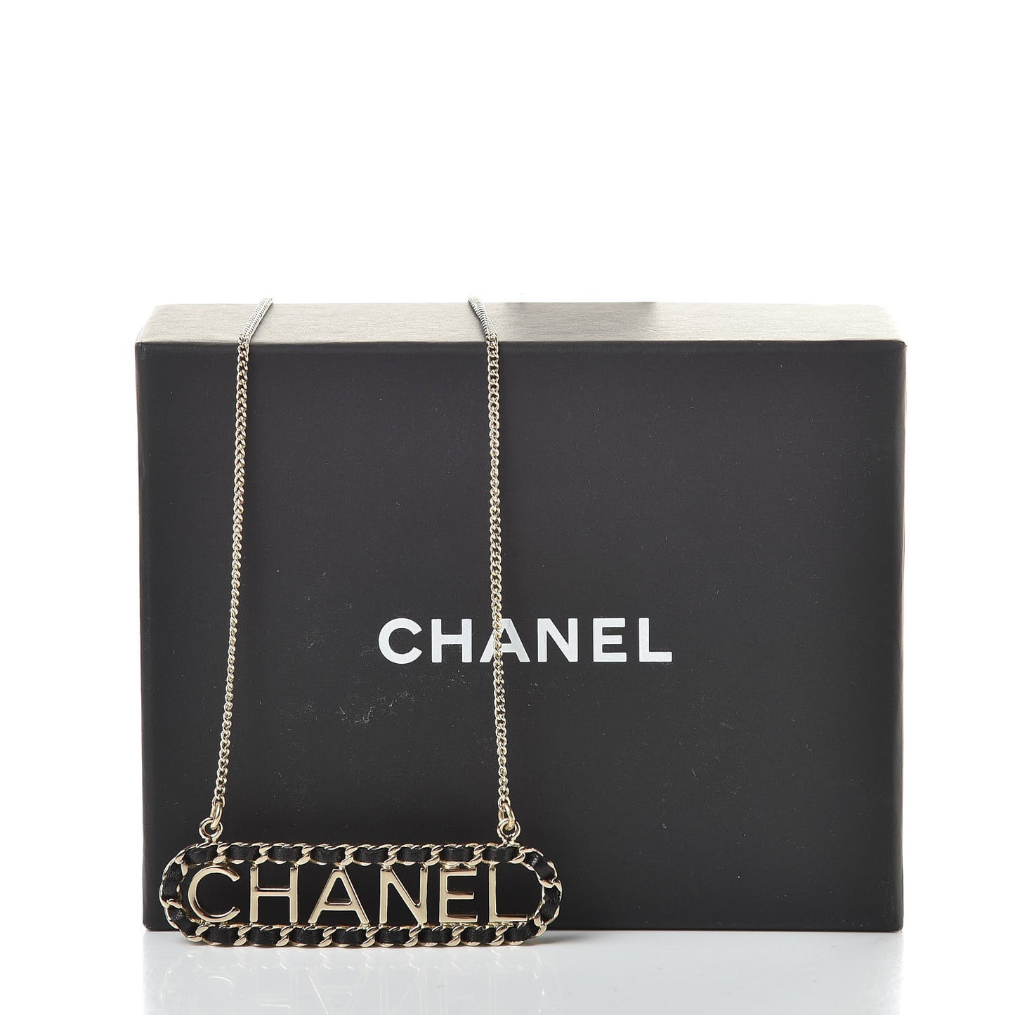 Metal Lambskin Logo Necklace Black Gold