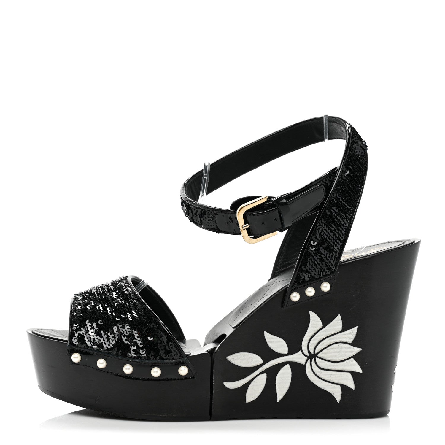 Chanel Sequin Wedge Sandals 40.5 Black 1 of 11