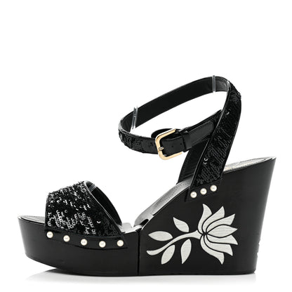 Chanel Sequin Wedge Sandals 40.5 Black 1 of 11