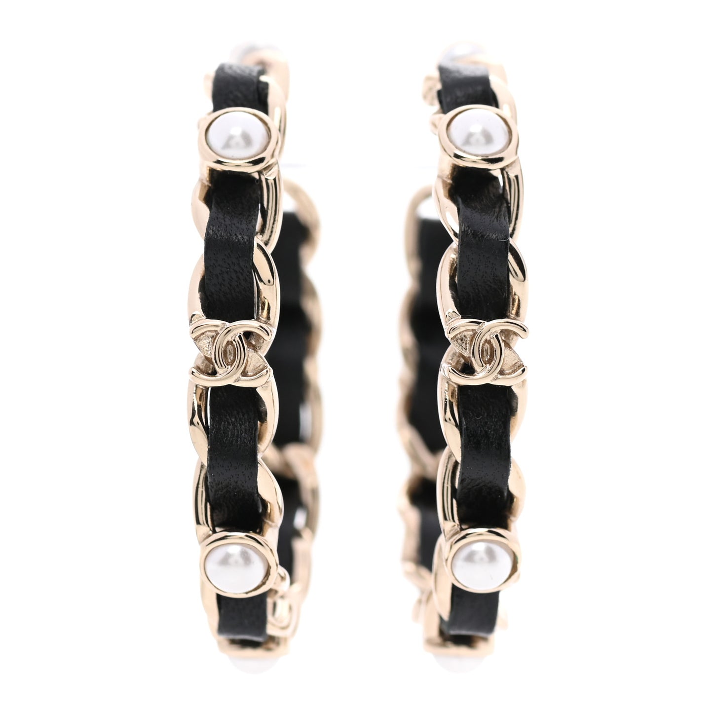 Lambskin Pearl CC Chain Hoop Earrings Gold Black