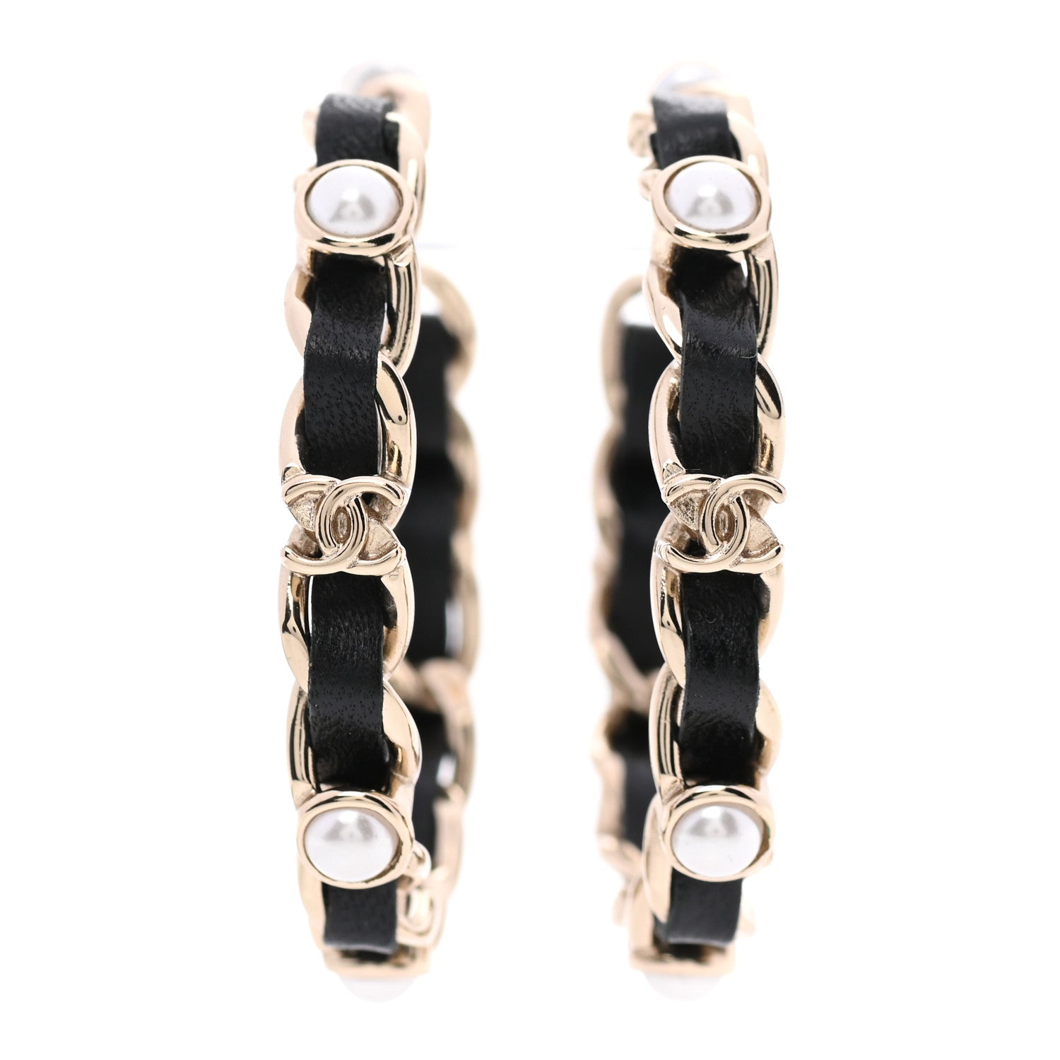 Chanel Lambskin Pearl CC Chain Hoop Earrings Gold Black 1 of 5
