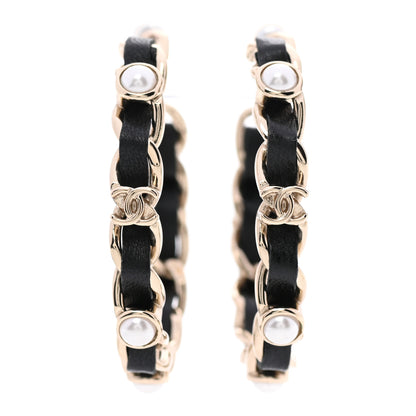 Chanel Lambskin Pearl CC Chain Hoop Earrings Gold Black 1 of 5