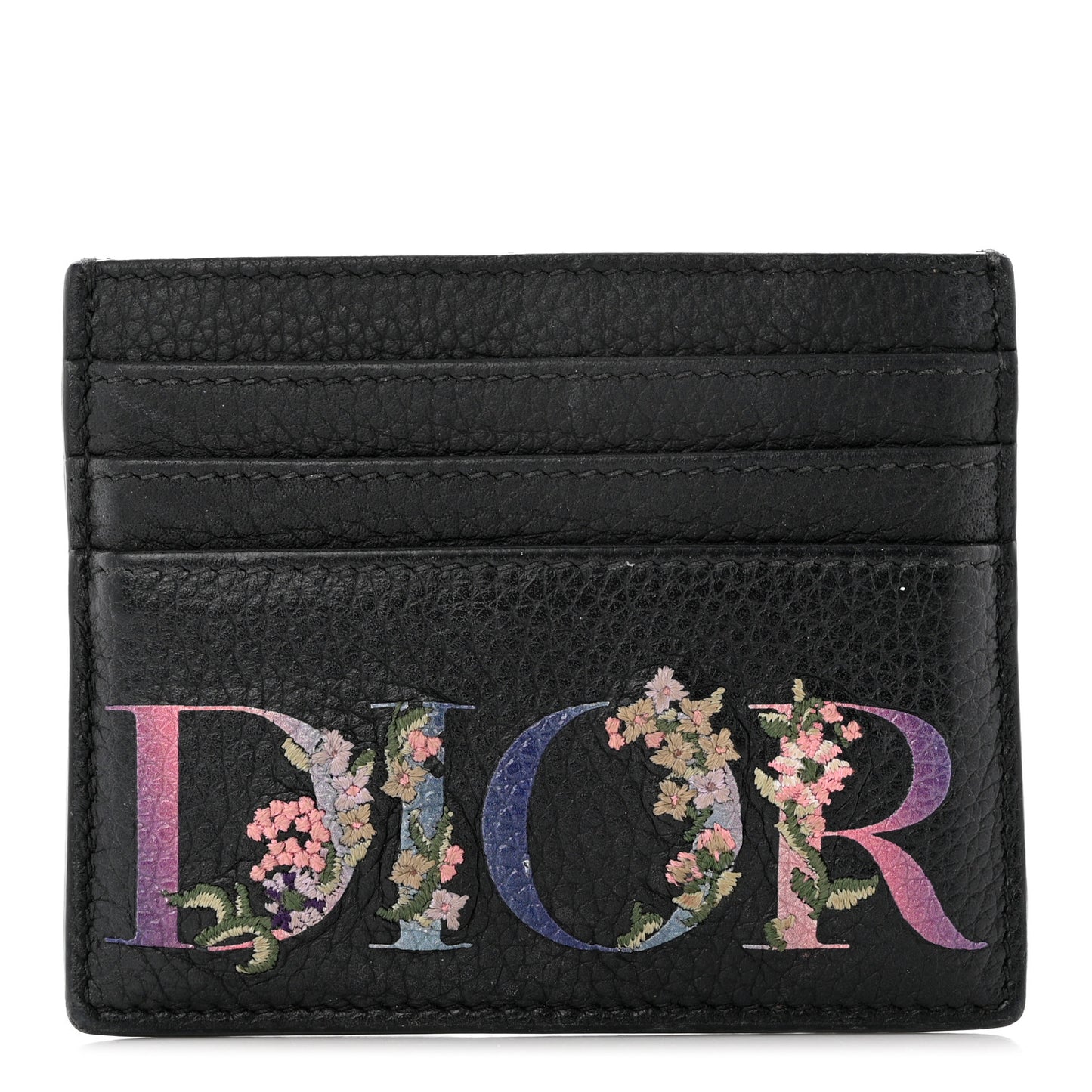 Grained Calfskin Embroidered Floral Lady Dior Card Holder Black