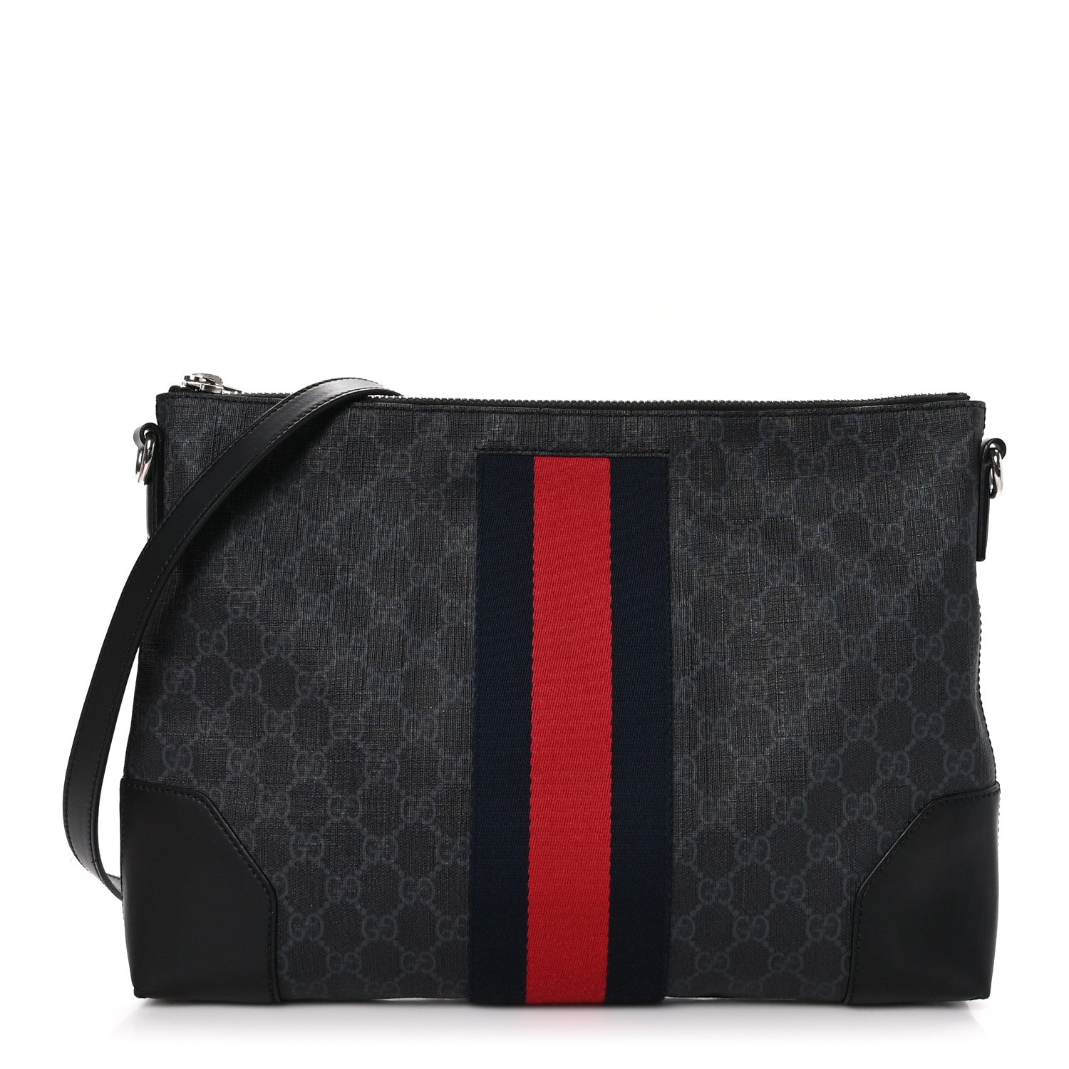 Gucci Soft GG Supreme Monogram Appia Calfskin Web East West Messenger Bag Black Grey 1 of 12