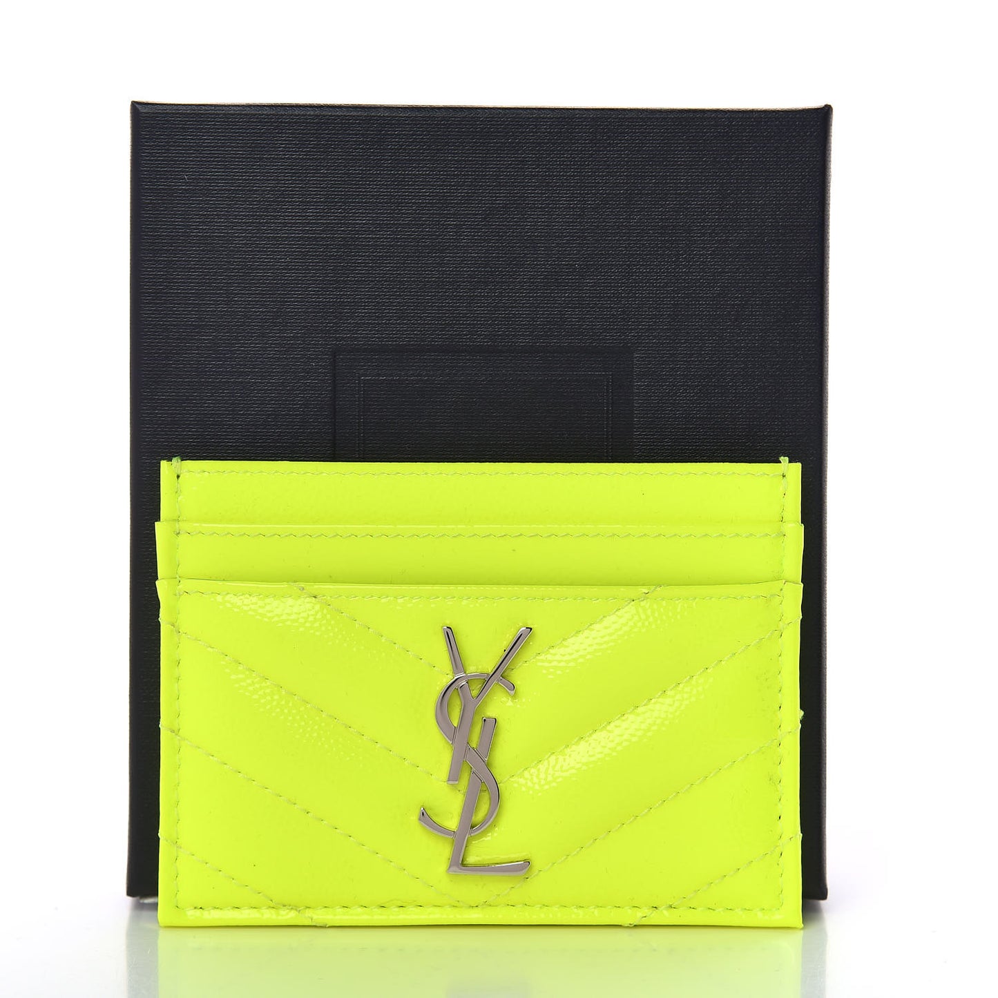 Patent Grain De Poudre Matelasse Chevron Monogram Credit Card Case Neon Yellow
