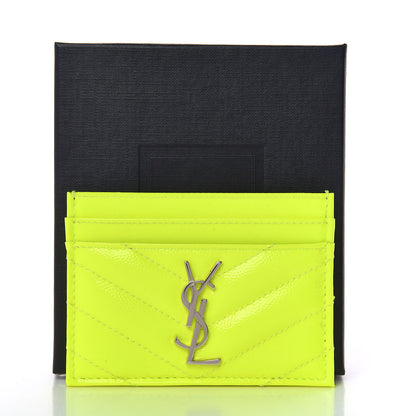 Saint Laurent Patent Grain De Poudre Matelasse Chevron Monogram Credit Card Case Neon Yellow 8 of 8
