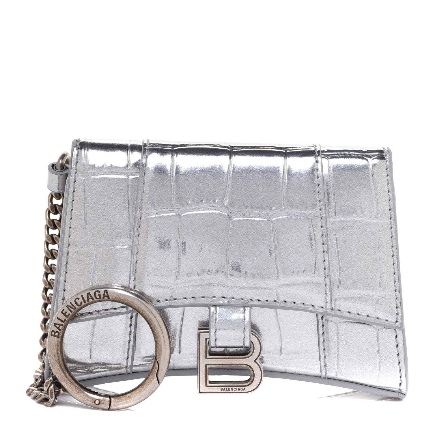 Balenciaga Metallic Calfskin Crocodile Embossed Hourglass Chain Cardholder Silver 1 of 7