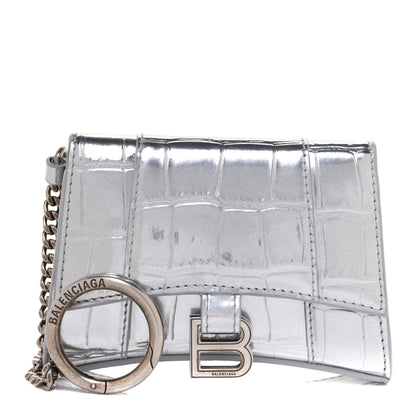 Balenciaga Metallic Calfskin Crocodile Embossed Hourglass Chain Cardholder Silver 1 of 7