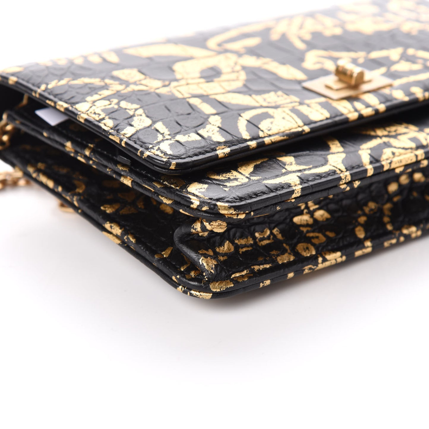 Calfskin Crocodile Embossed Graffiti 2.55 Cocodile Reissue Wallet On Chain WOC Black Gold