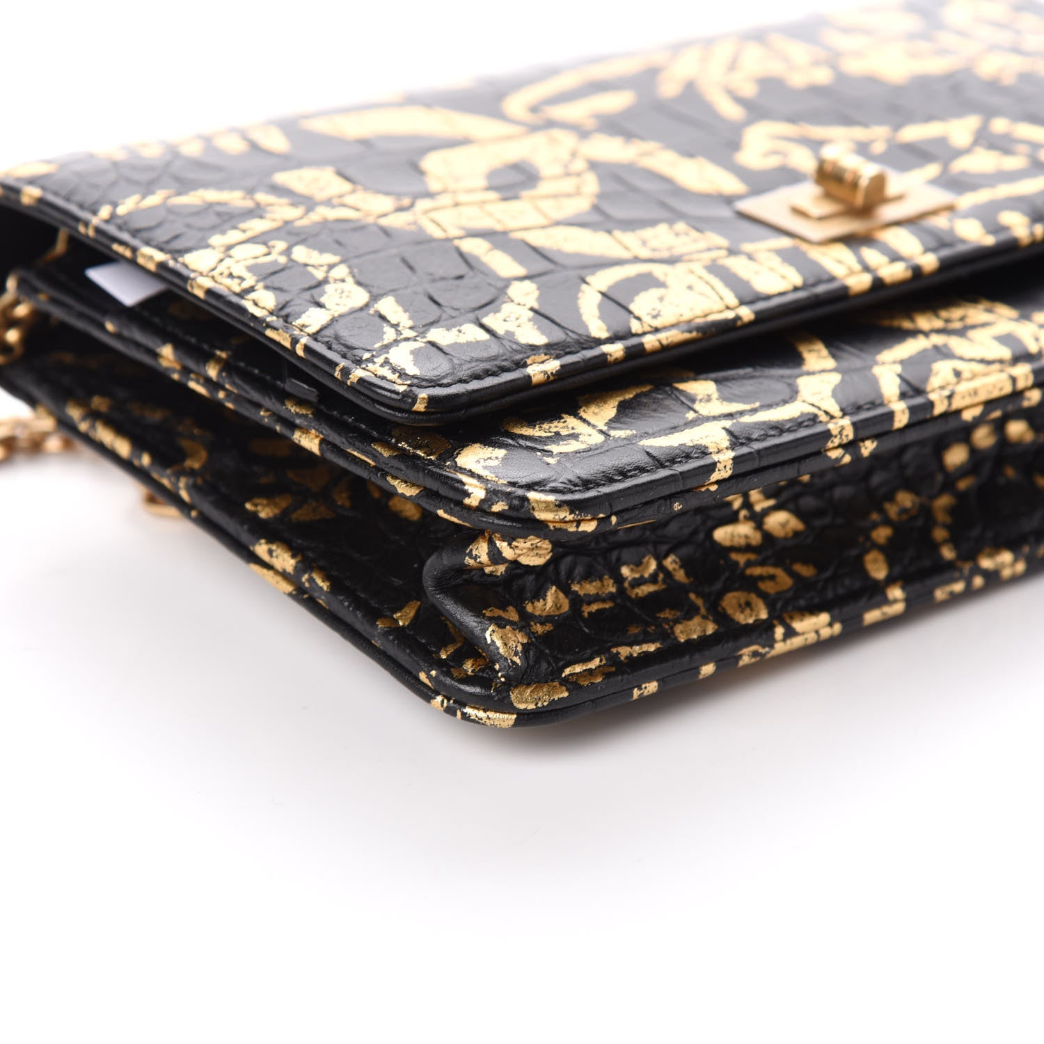Chanel Calfskin Crocodile Embossed Graffiti 2.55 Cocodile Reissue Wallet On Chain WOC Black Gold 9 of 10