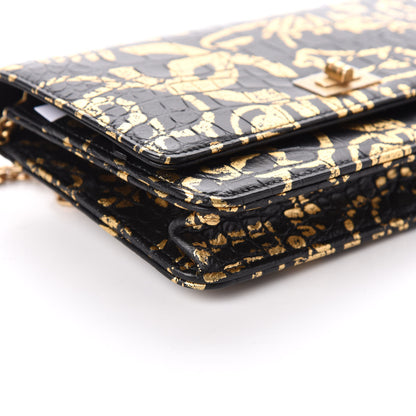Chanel Calfskin Crocodile Embossed Graffiti 2.55 Cocodile Reissue Wallet On Chain WOC Black Gold 9 of 10