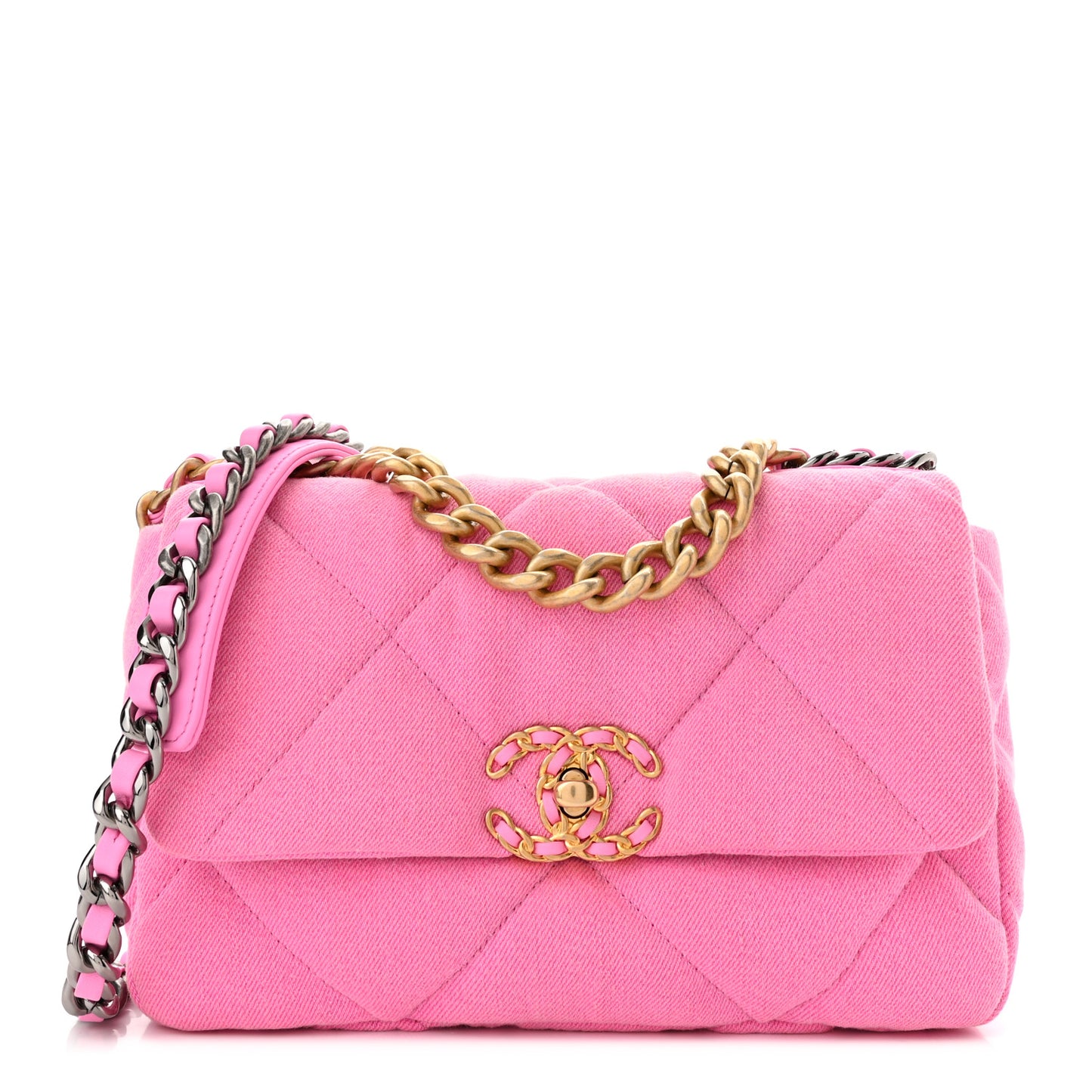 Denim Quilted Medium Chanel 19 Flap Neon Pink