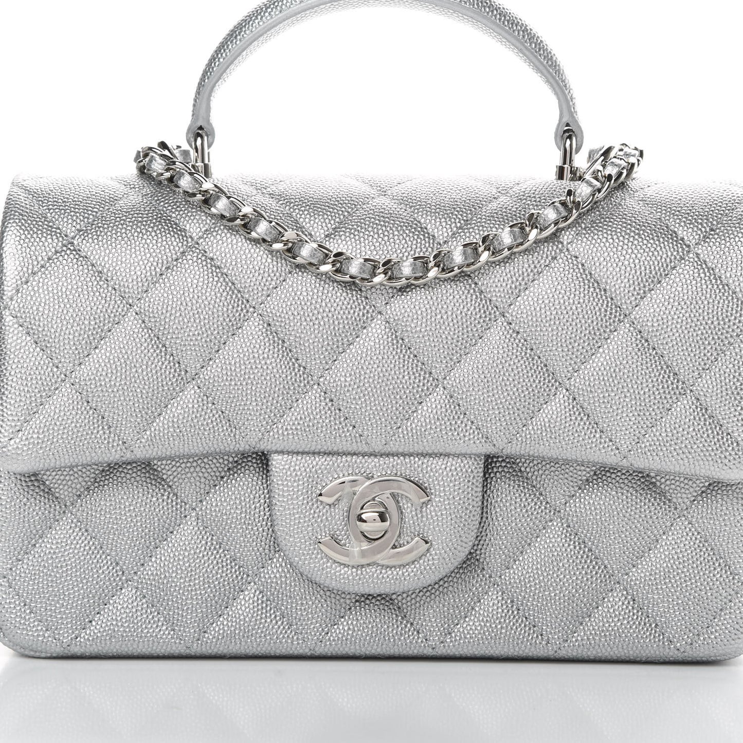 Metallic Caviar Quilted Mini Top Handle Rectangular Flap Silver