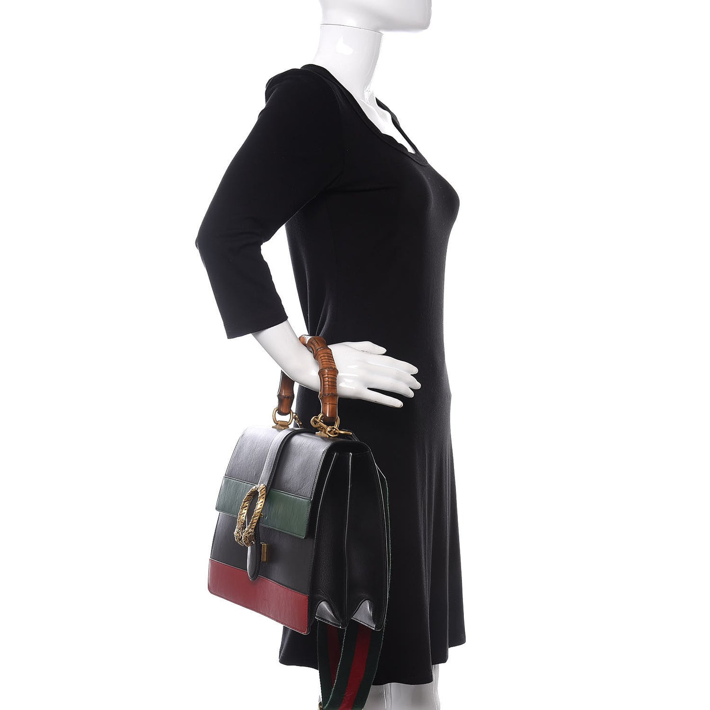 Calfskin Bamboo Web Large Dionysus Top Handle Bag Black Bright Evergreen Hibiscus Red
