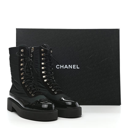 Chanel Nylon Suede Patent Calfskin Womens CC Lace Up Boots 40 Dark Green Black 9 of 9