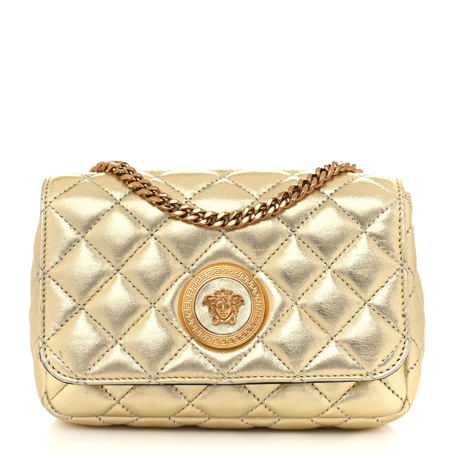Metallic Nappa Quilted Small Medusa Chain Crossbody Gold