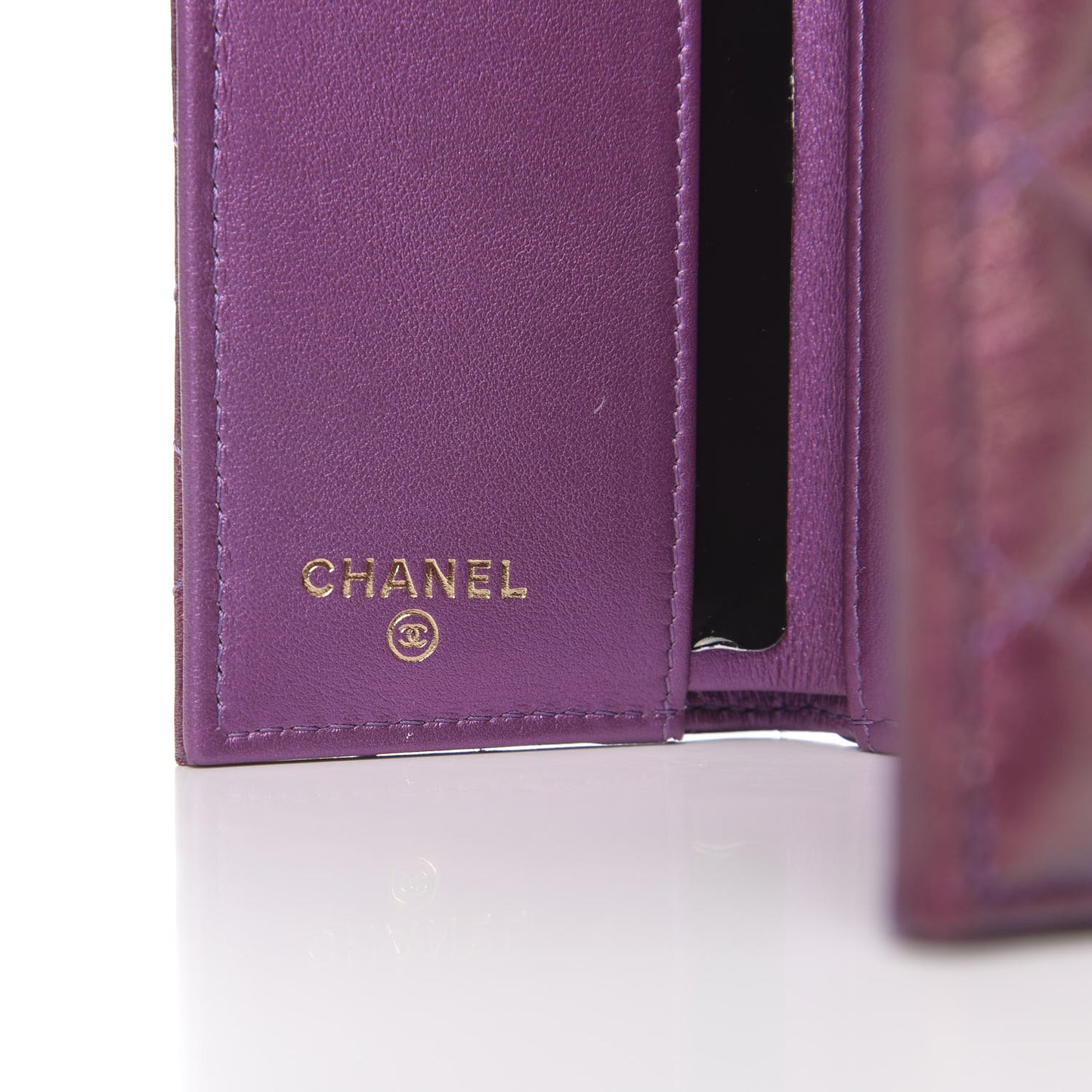 Iridescent Lambskin Small Quilted Flap Wallet Purple