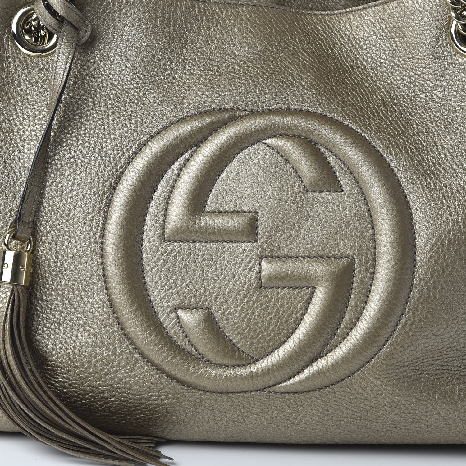 Gucci Metallic Pebbled Calfskin Medium Soho Chain Shoulder Bag Golden Beige 10 of 10