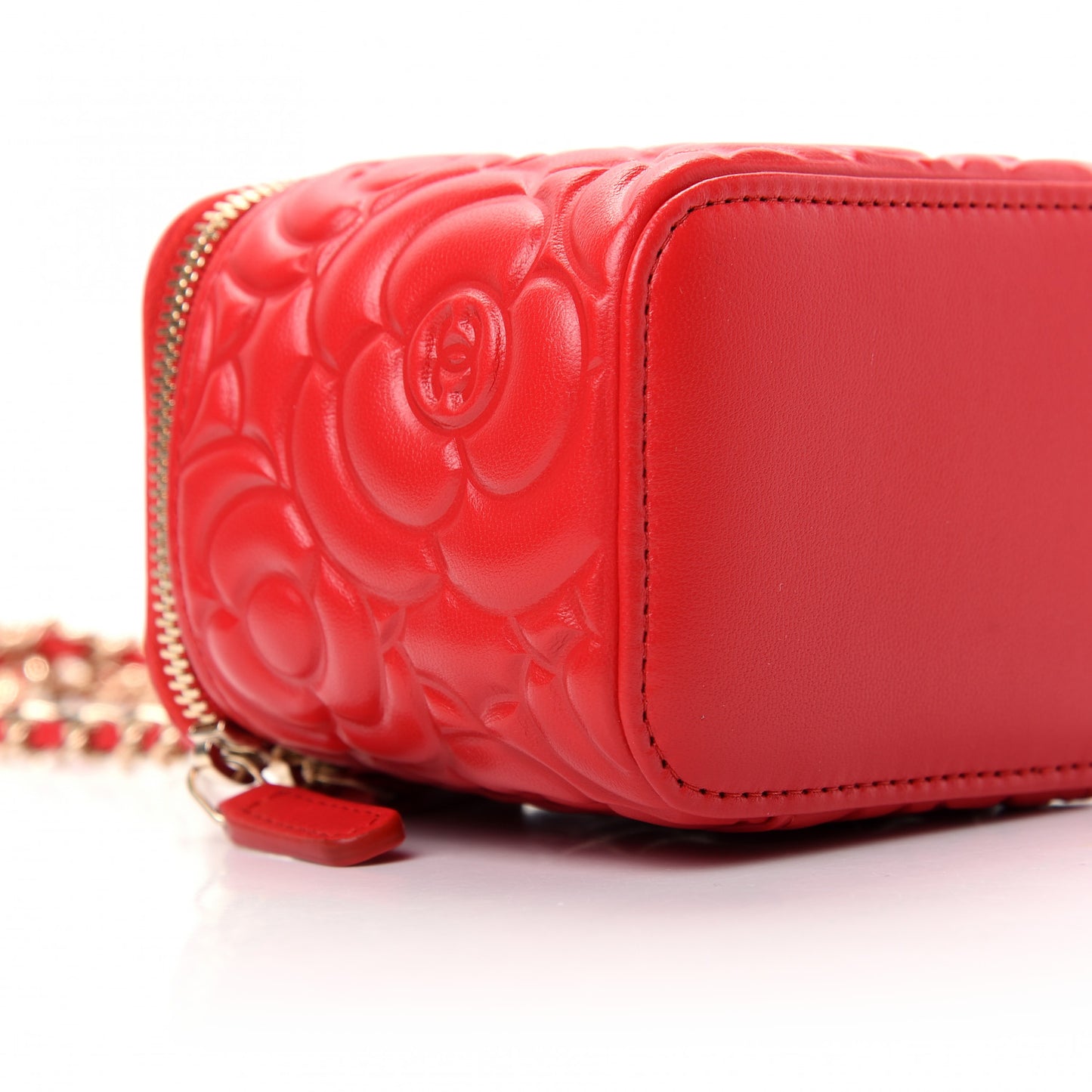 Lambskin Camellia Embossed Mini Vanity Case With Chain Red