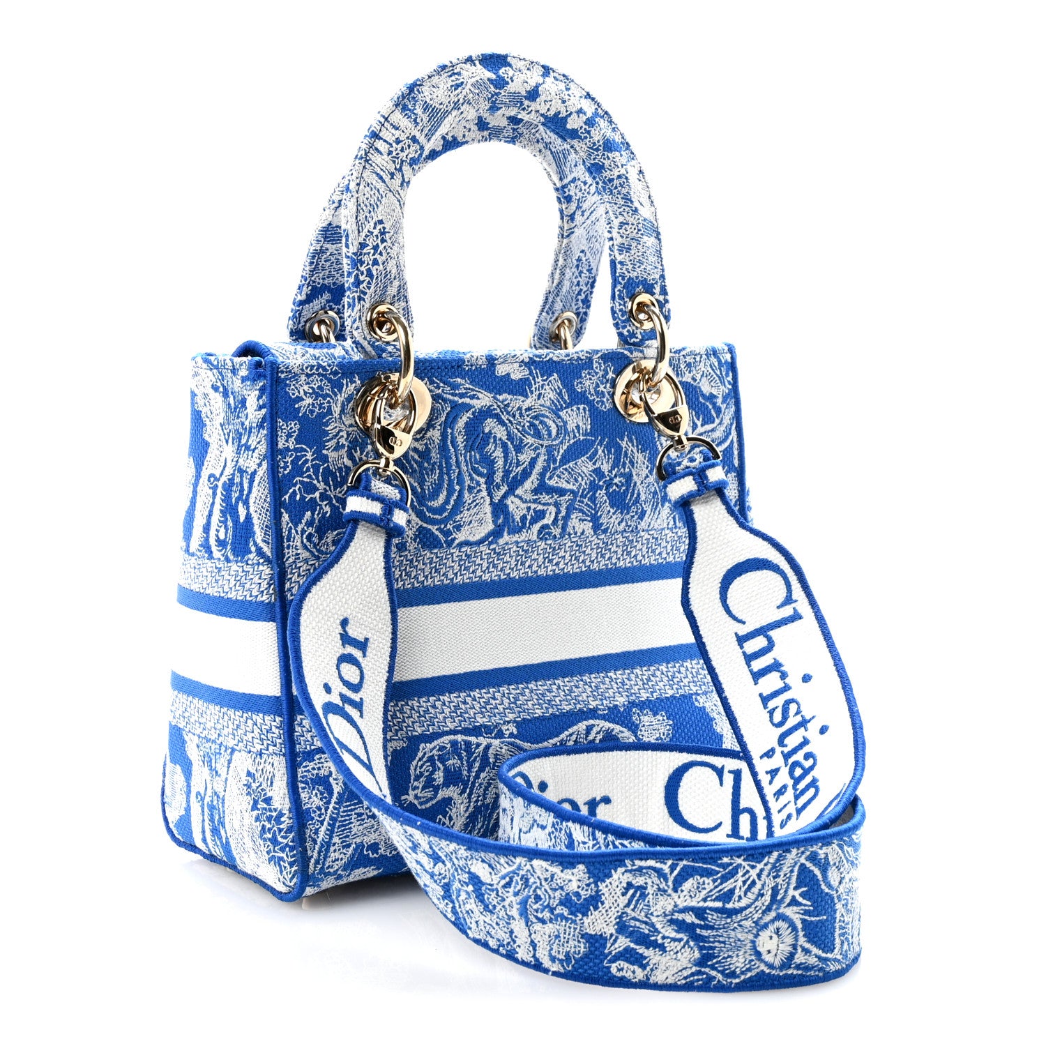 Christian Dior Canvas Toile De Jouy Reverse Embroidered Medium Lady D-Lite Fluorescent Blue 3 of 9