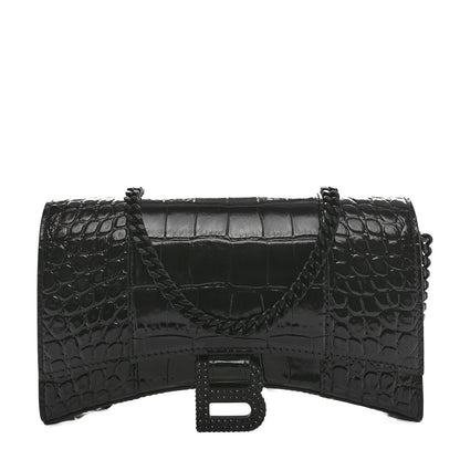 Balenciaga Shiny Calfskin Strass Monochrome Crocodile Embossed Hourglass Chain Bag Black 1 of 9