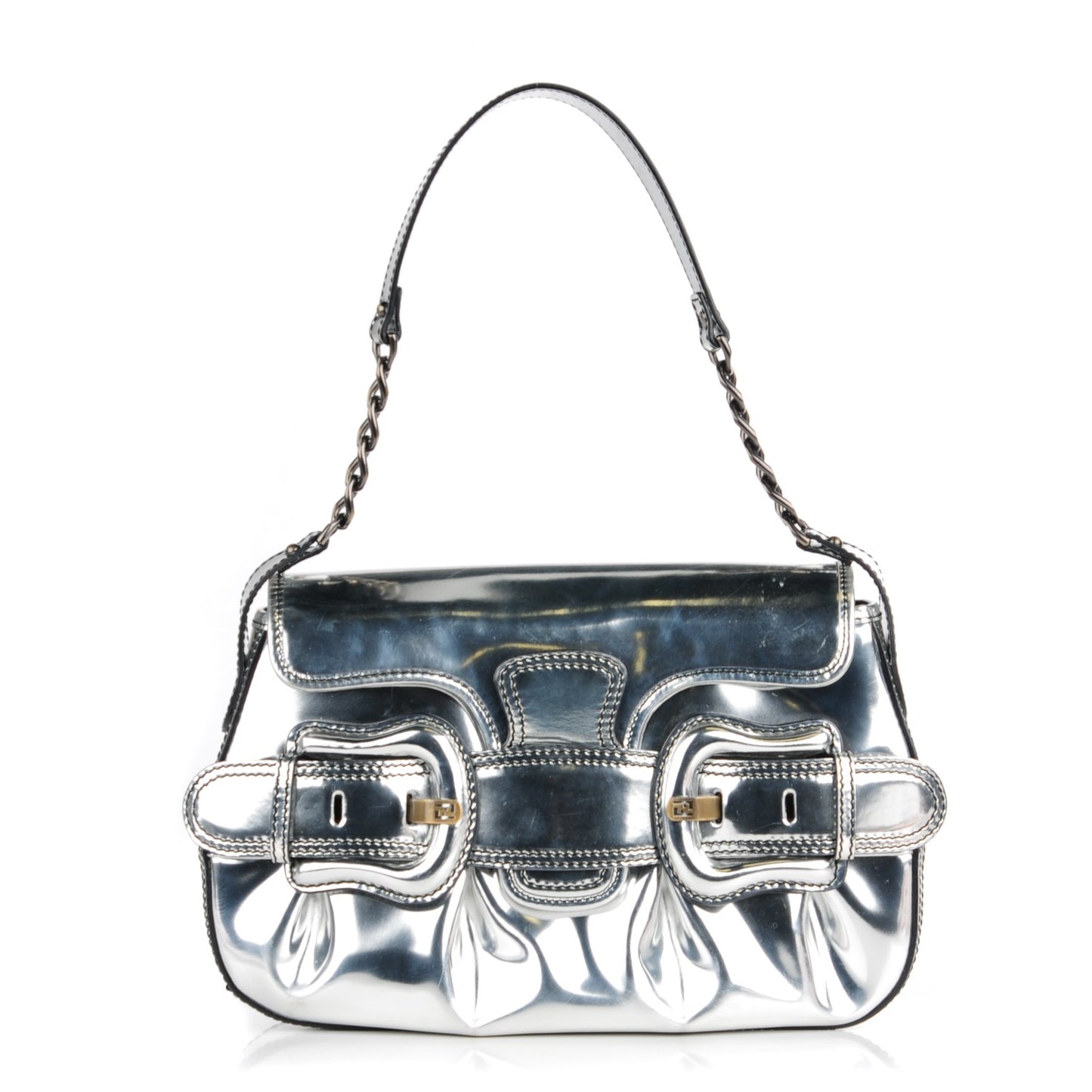 Metallic Calfskin B Bis Flap Bag Silver