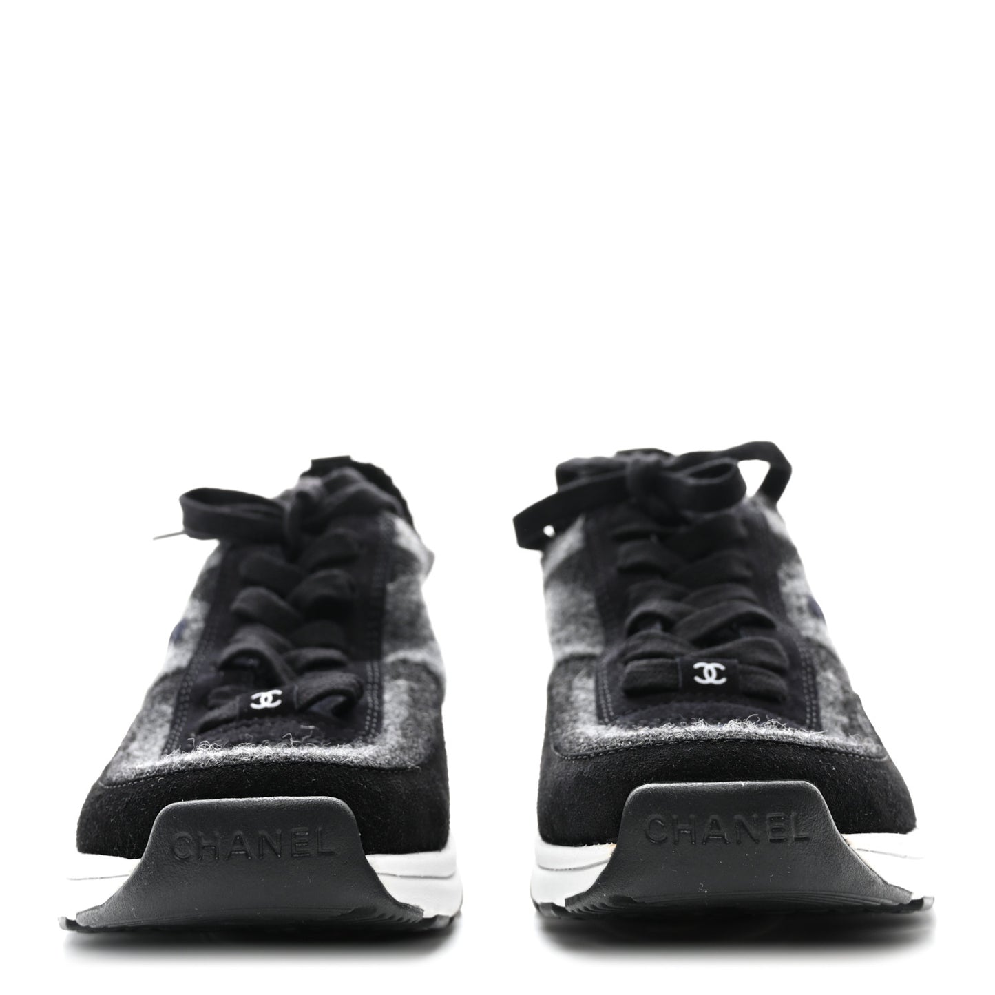 Knit Fabric Suede Calfskin Womens CC Sneakers 37 Grey Black