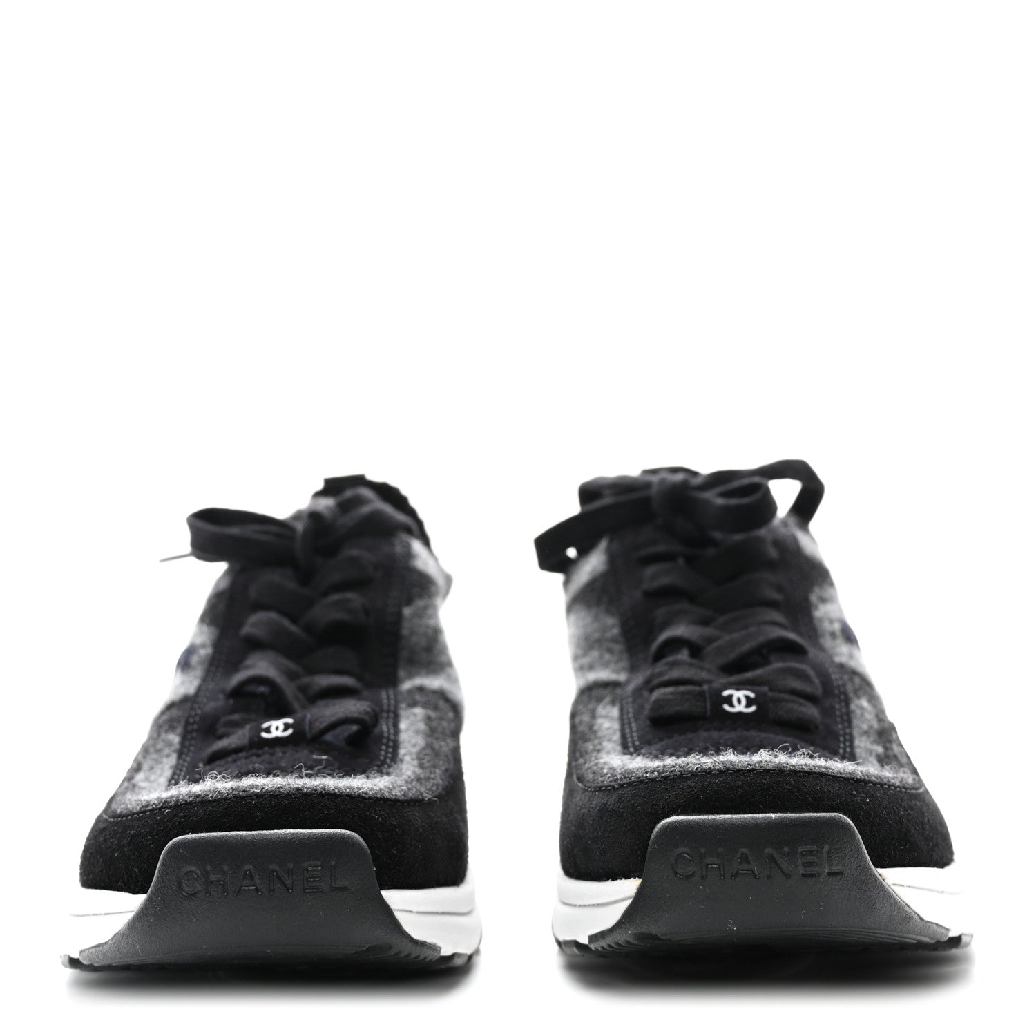 Chanel Knit Fabric Suede Calfskin Womens CC Sneakers 37 Grey Black 2 of 9