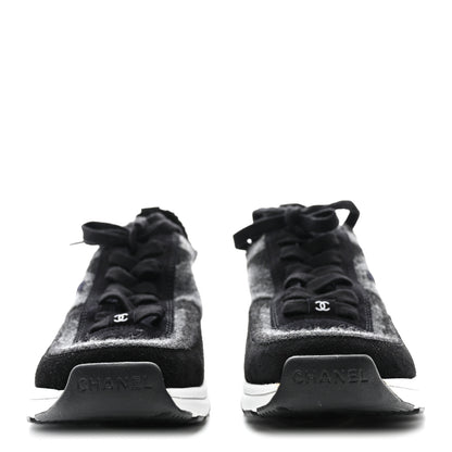 Chanel Knit Fabric Suede Calfskin Womens CC Sneakers 37 Grey Black 2 of 9