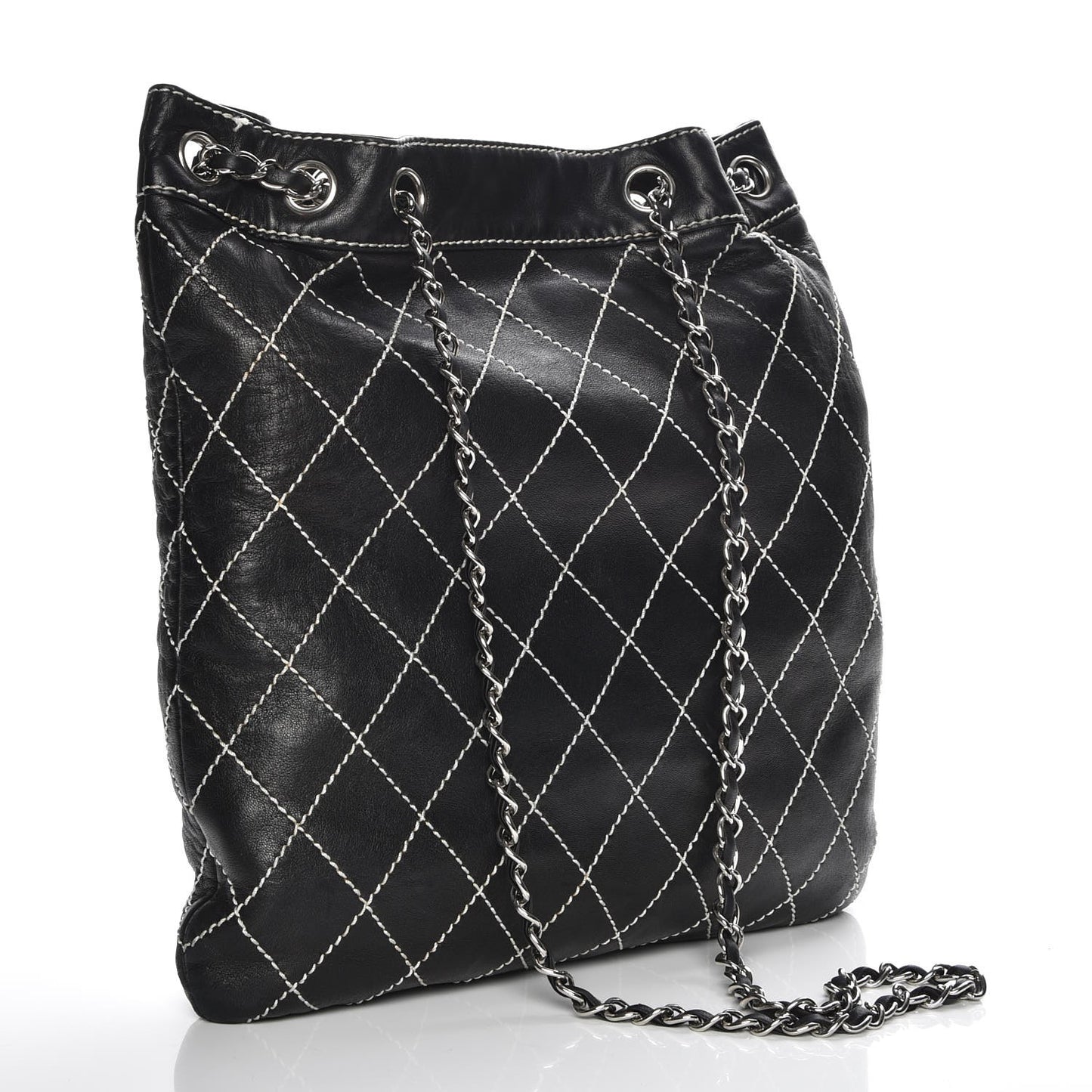 Lambskin Contrast Stitch Shoulder Bag Black