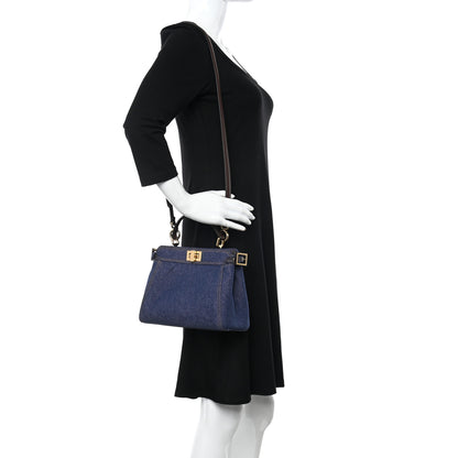 Fendi Denim Fabric Jacquard Cuoio FF 1974 Mini Peekaboo Iconic Satchel Blue Tobacco Moro 2 of 10