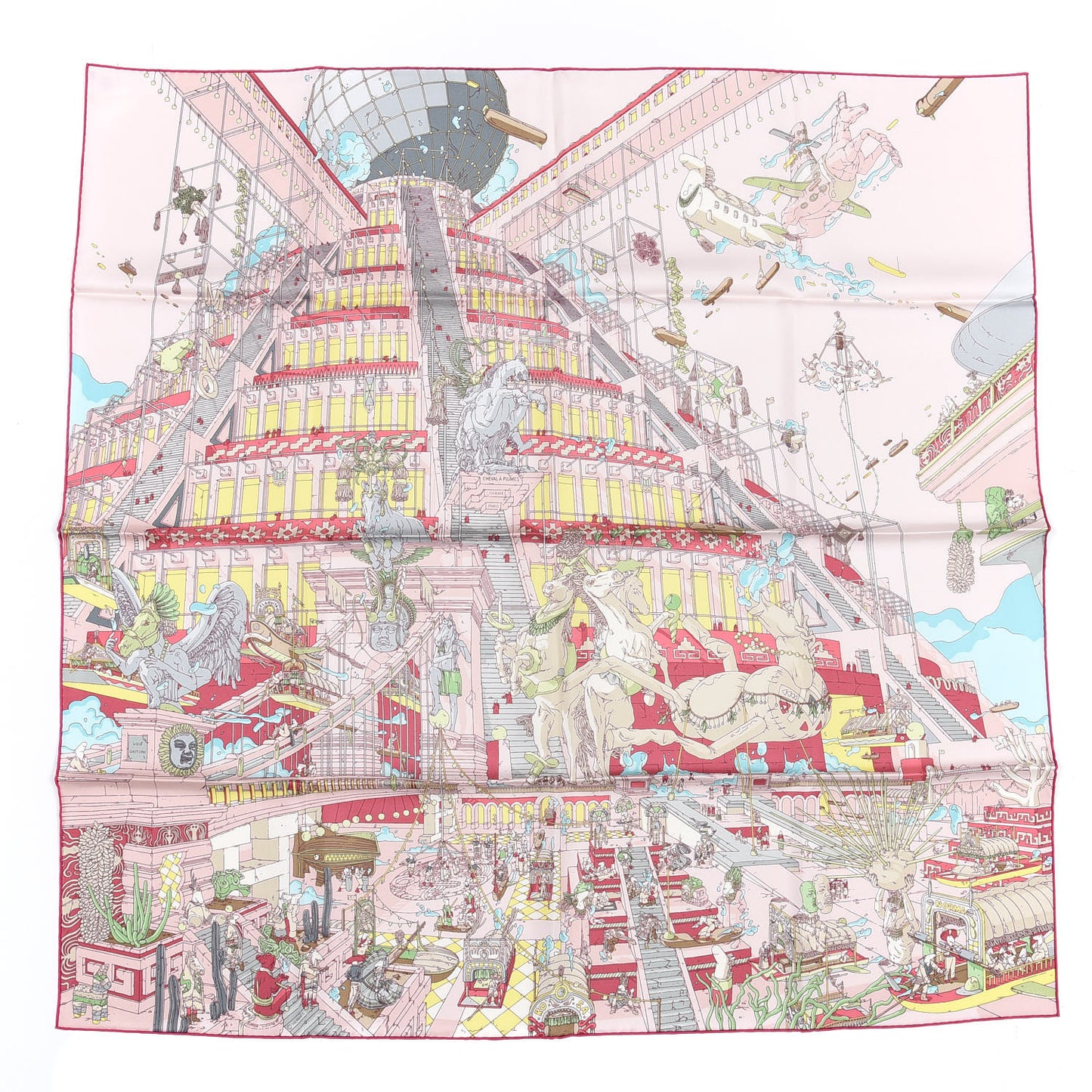 Silk La Legende Du Cheval A Plumes Scarf 90 Rose Pale Jaune Vif Turquoise