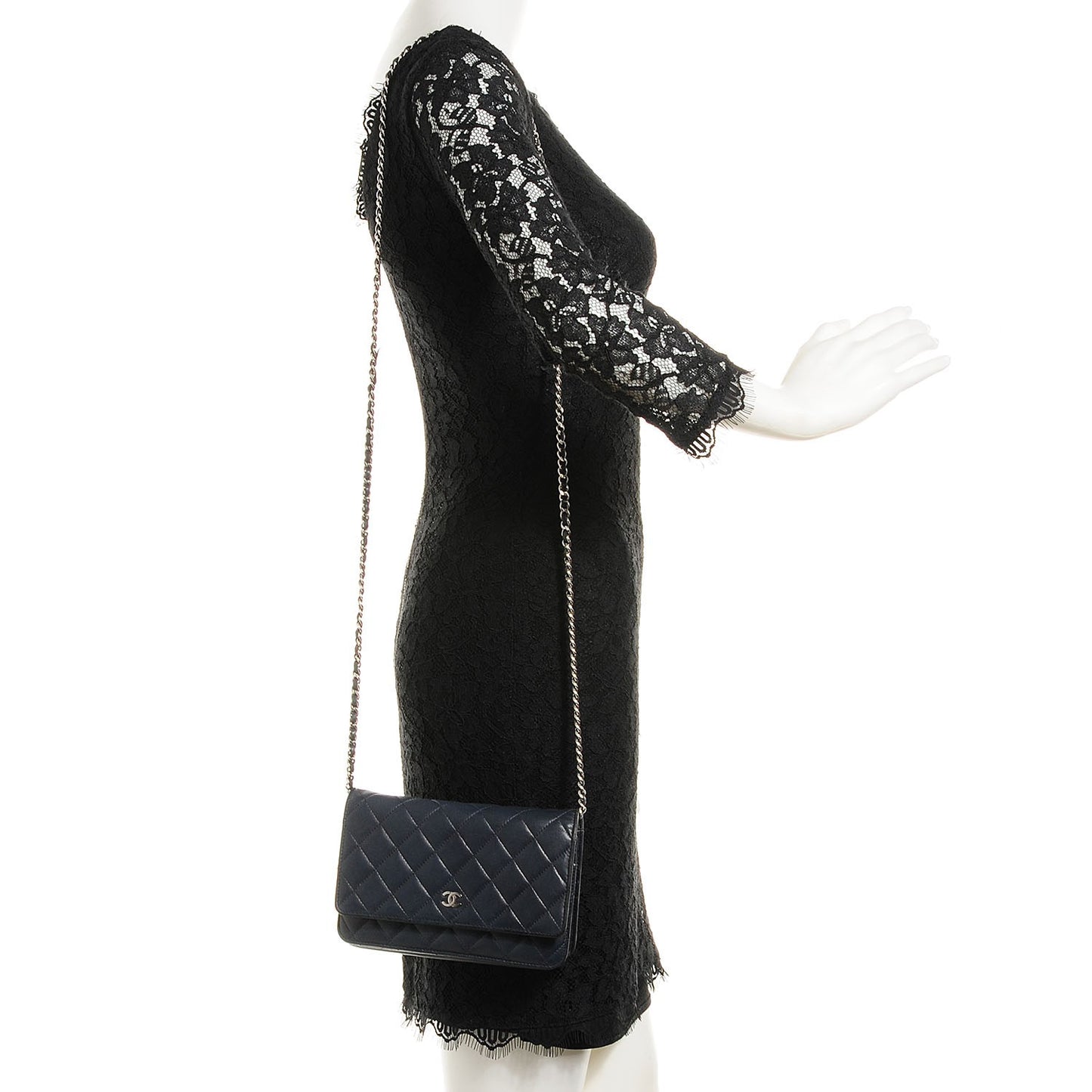 Lambskin Quilted Wallet On Chain WOC Navy Blue