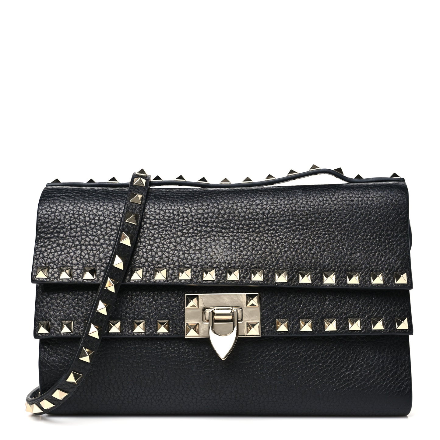 Grainy Calfskin Rockstud Double Flap Crossbody Bag Black