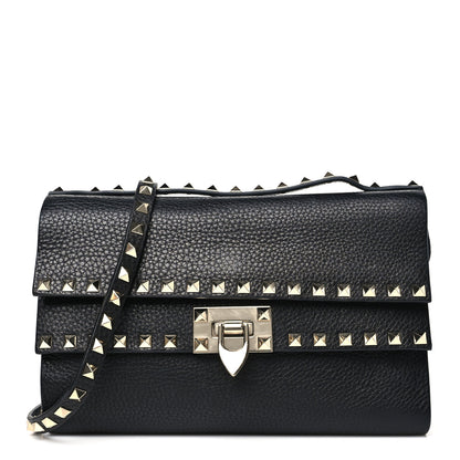 Valentino Garavani Grainy Calfskin Rockstud Double Flap Crossbody Bag Black 1 of 9