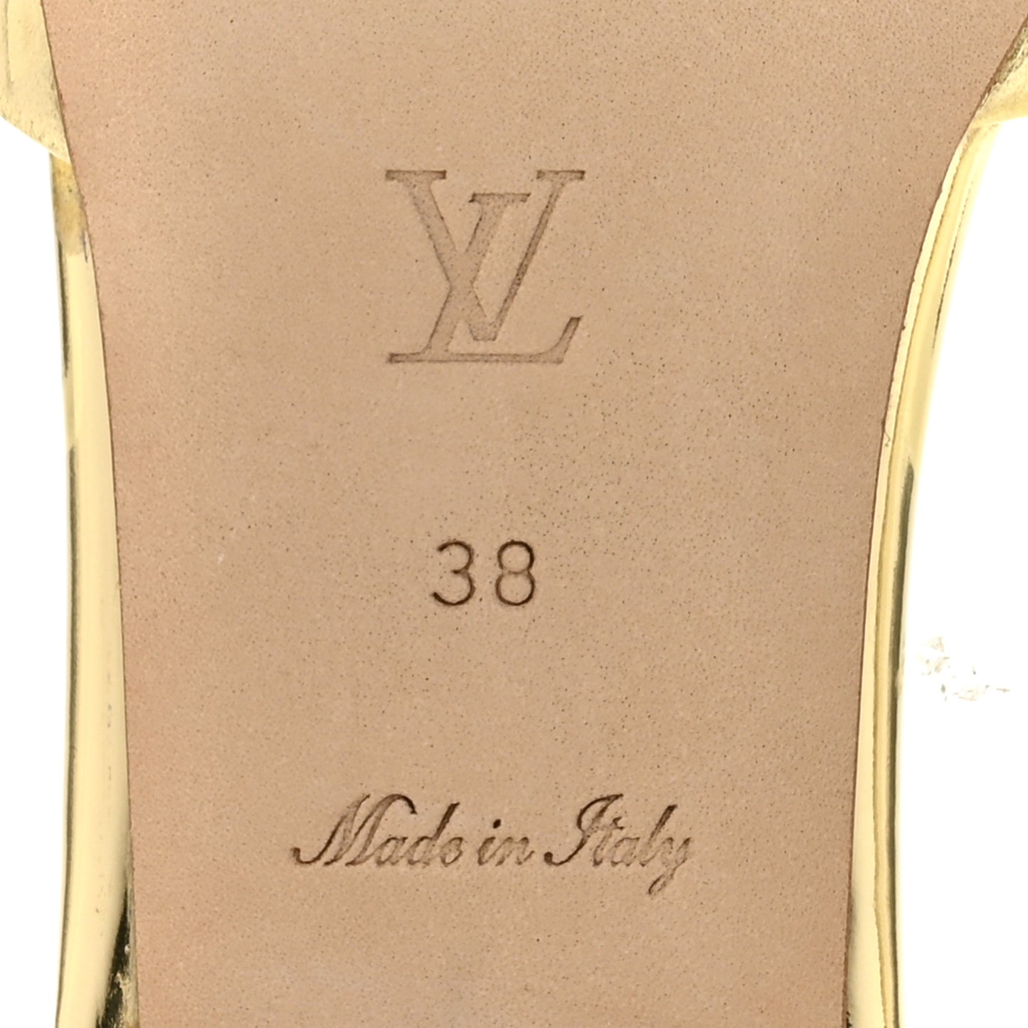 Metallic Lambskin Embossed Monogram Revival Flat Mules 38 Gold