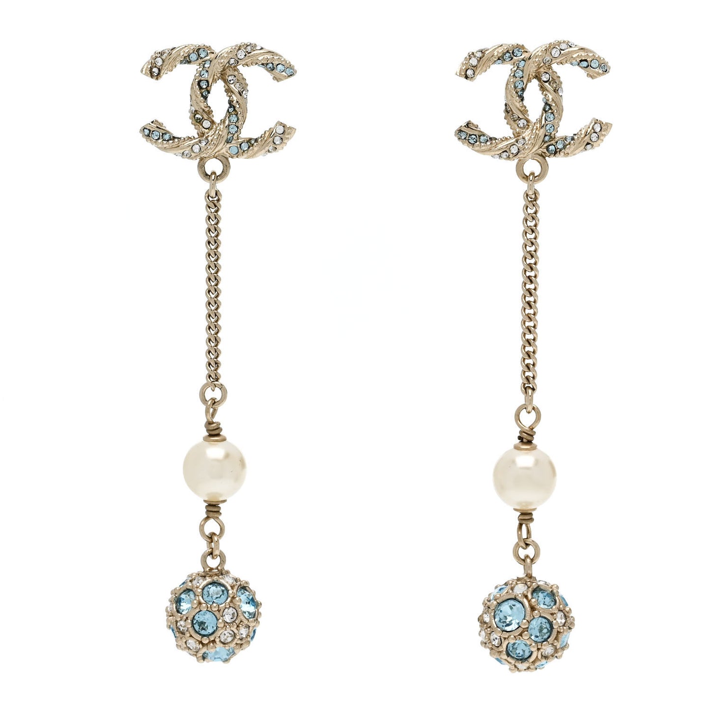 Crystal Pearl CC Ball Chain Drop Earrings Gold Blue
