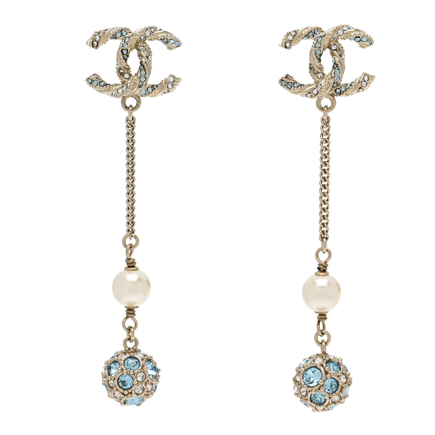 Chanel Crystal Pearl CC Ball Chain Drop Earrings Gold Blue 1 of 5