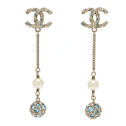 Chanel Crystal Pearl CC Ball Chain Drop Earrings Gold Blue 1 of 5